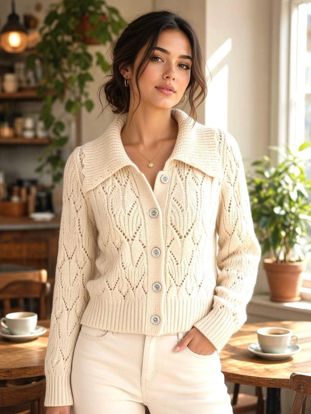Sincerely Jules Cream Openwork Knit Cardigan with Scalloped Collar - Size M